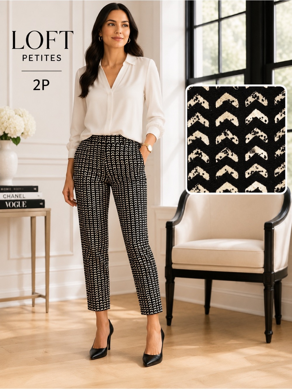 LOFT Petites Marisa Cropped Pants 2P Black Ivory Stretch Ankle Career